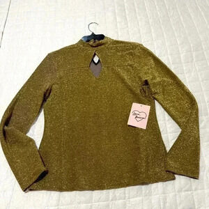 NWT Love, Maven Women Glitter Gold Keyhole Long Sleeve Blouse Top - Size Large